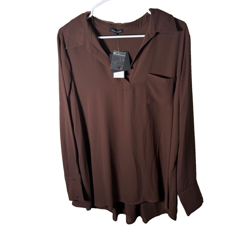 Pleione Shirt Women's XL Brown V-Neck Long Sleeve Lightweight Collared NWT